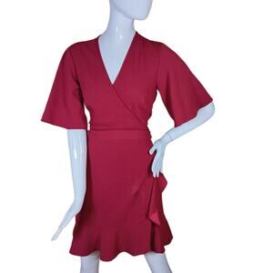 Stylestalker Overlap Dress Size Medium Burgundy Bell Sleeves V Neck Flared Trim